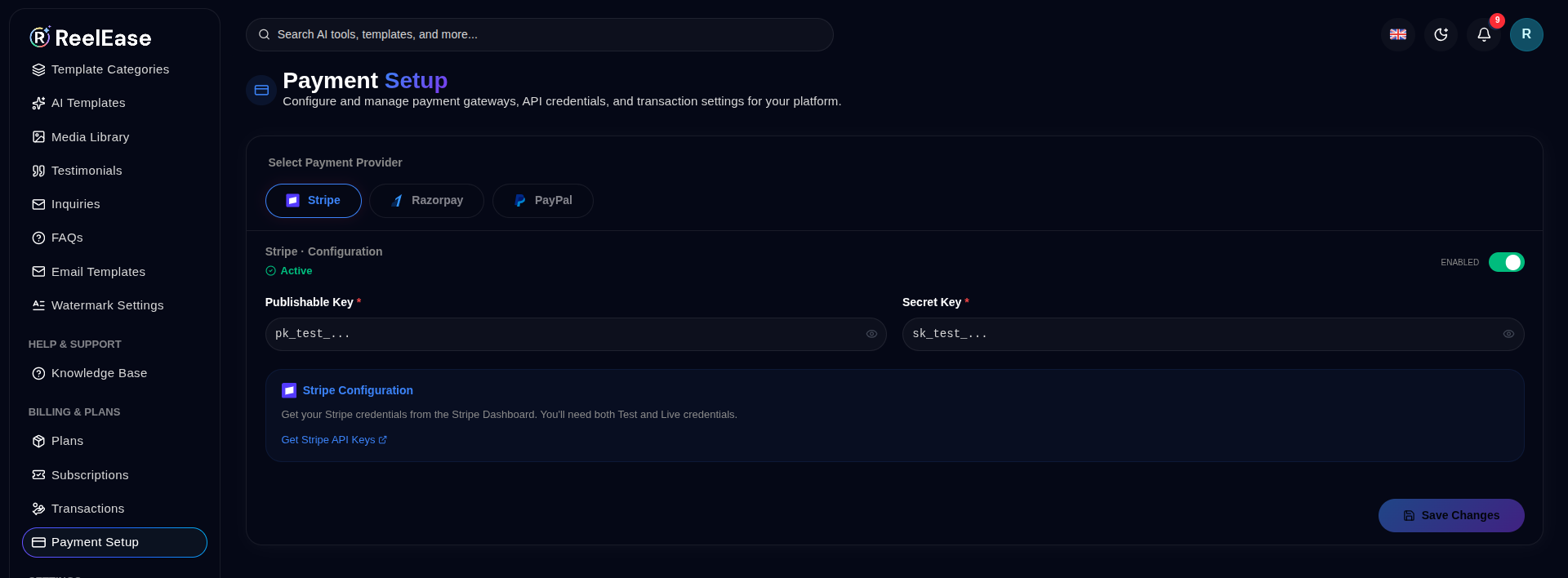Payment Setup and Gateway Credentials Form