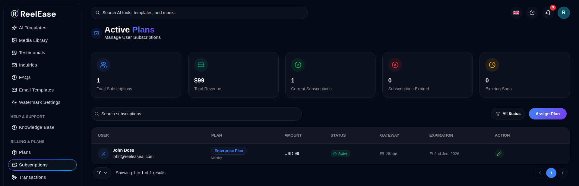 Active Subscriptions Admin Dashboard