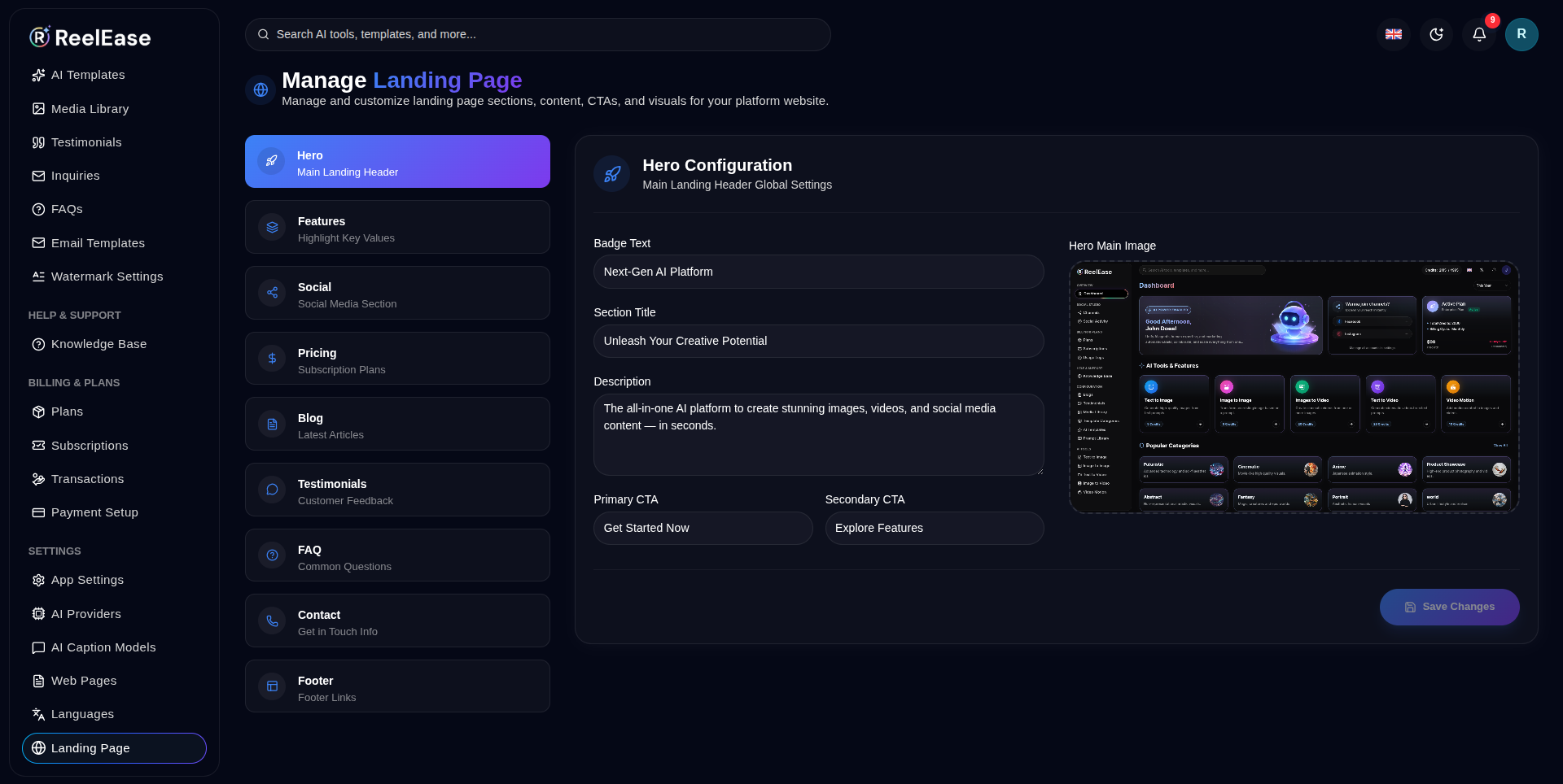 Landing Page Section Tab Editor