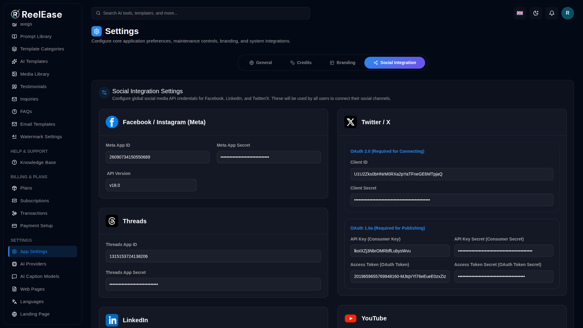 Social Integration Settings