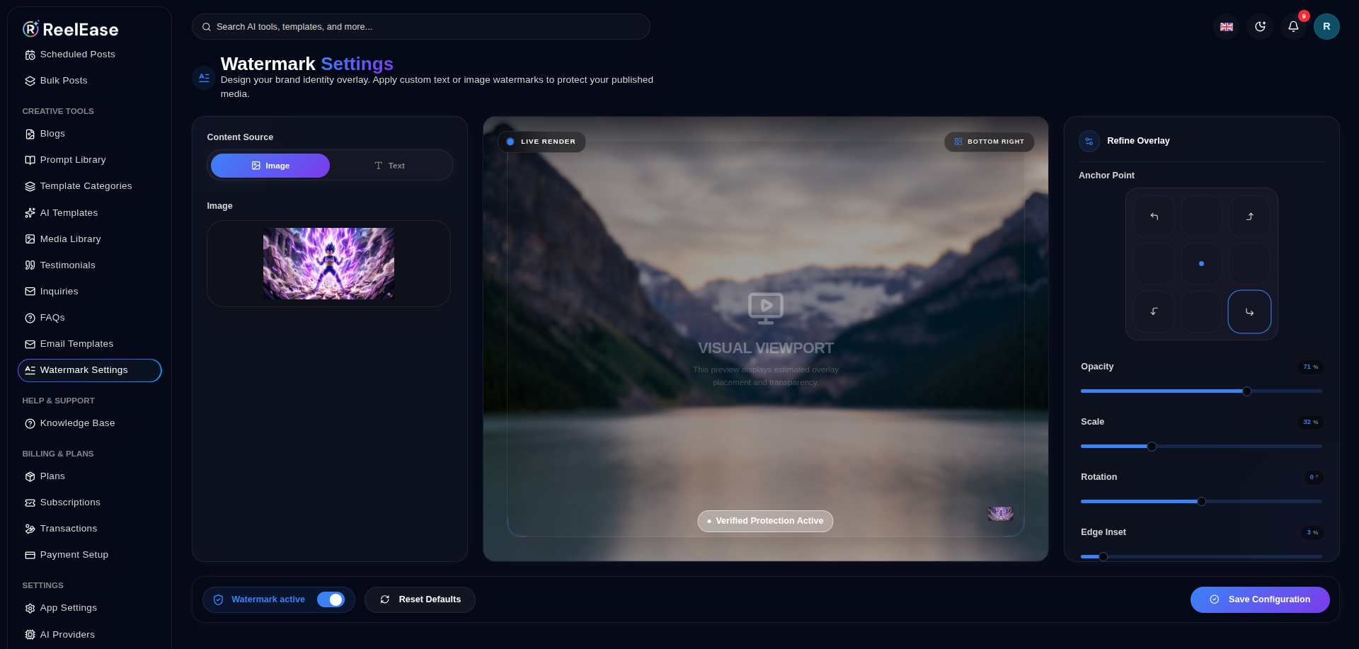 Watermark Settings Workspace