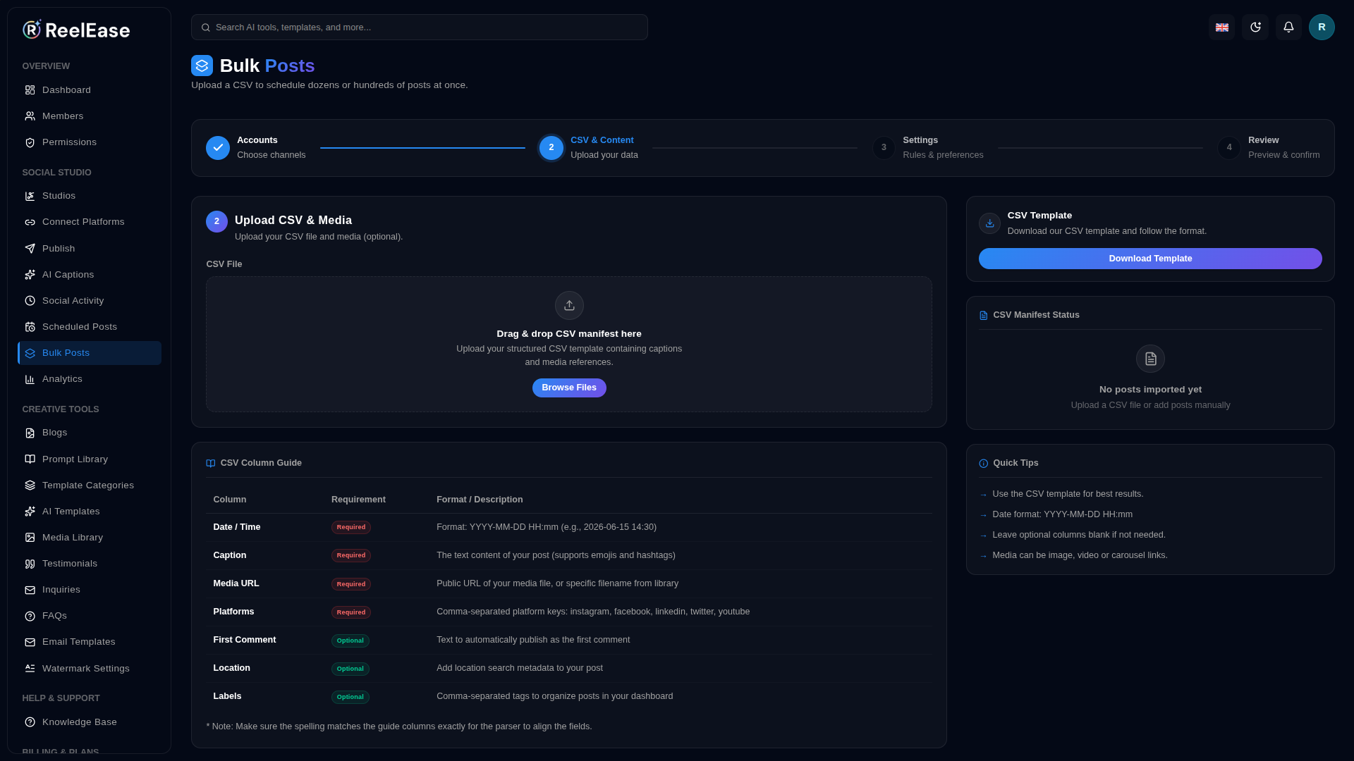 Step 2 — CSV Upload Dropzone & Column Guide