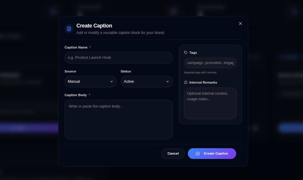 Add / Edit Caption Modal Form