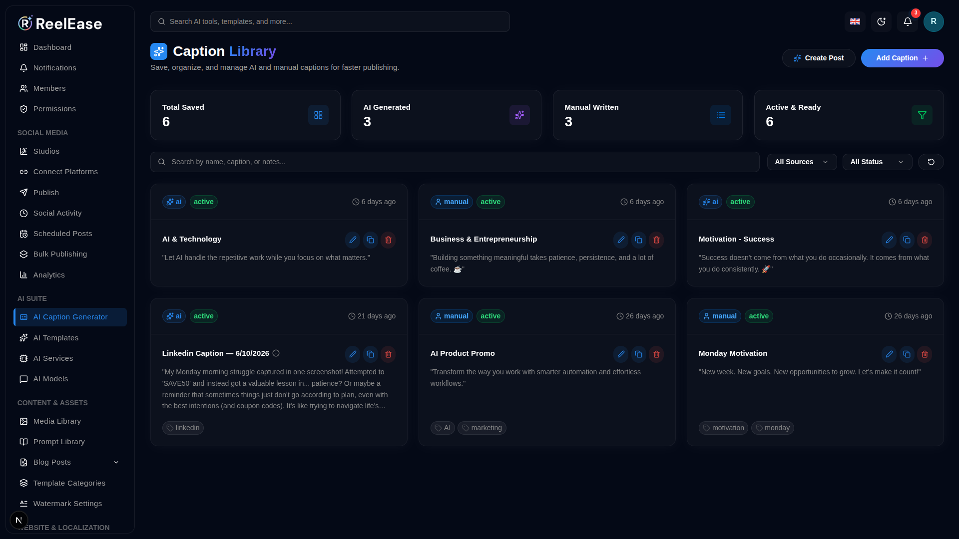 AI Captions Workspace Dashboard