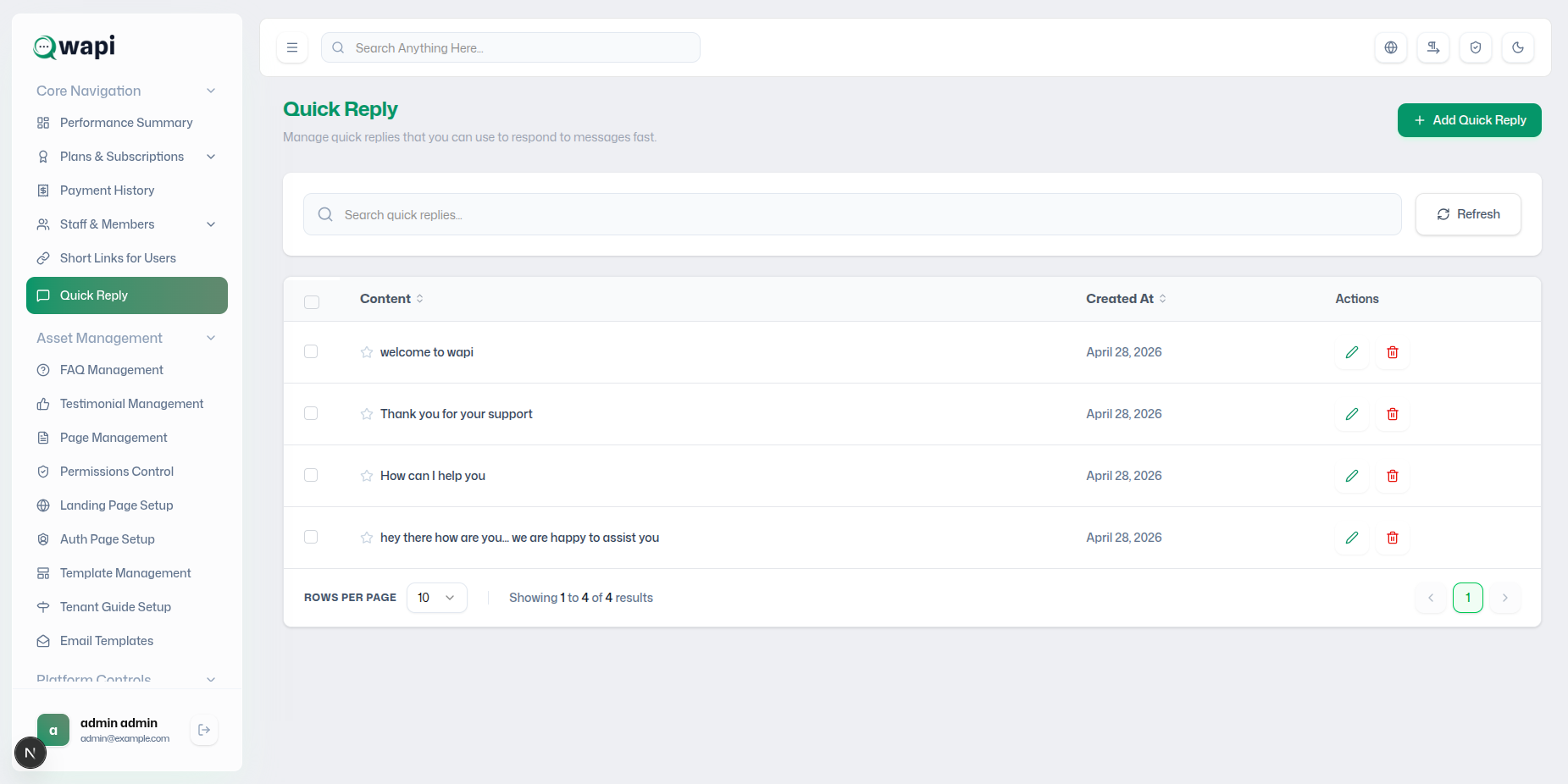 Manage Quick Replies - WAPI Documentation
