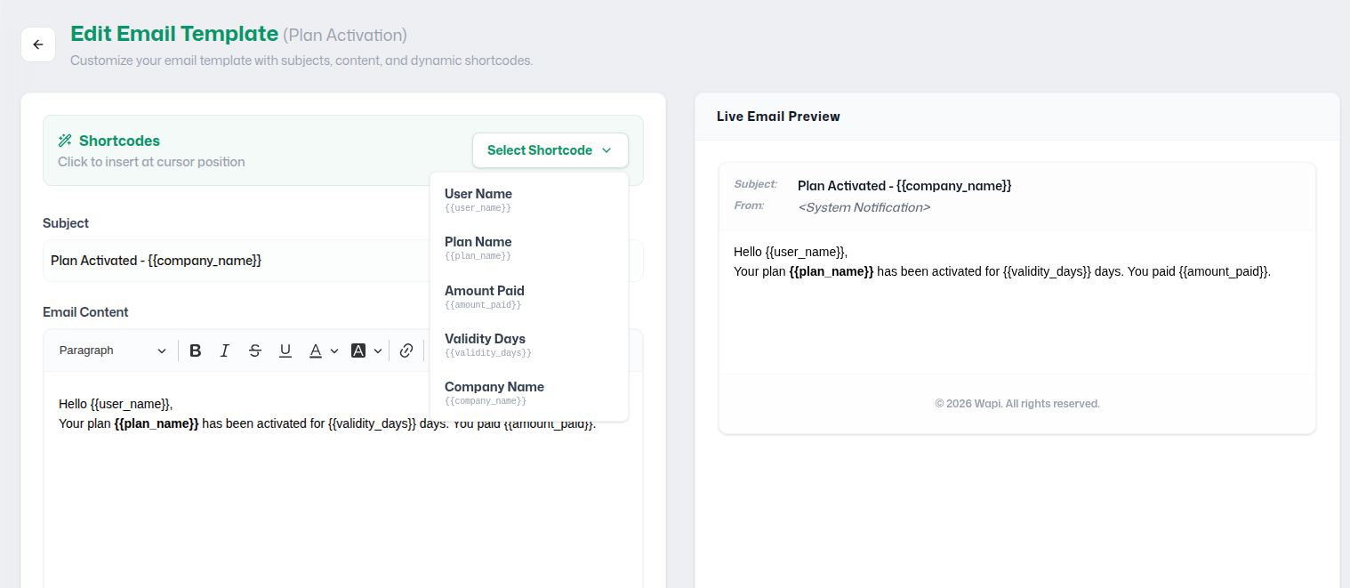 Edit Email Template Interface