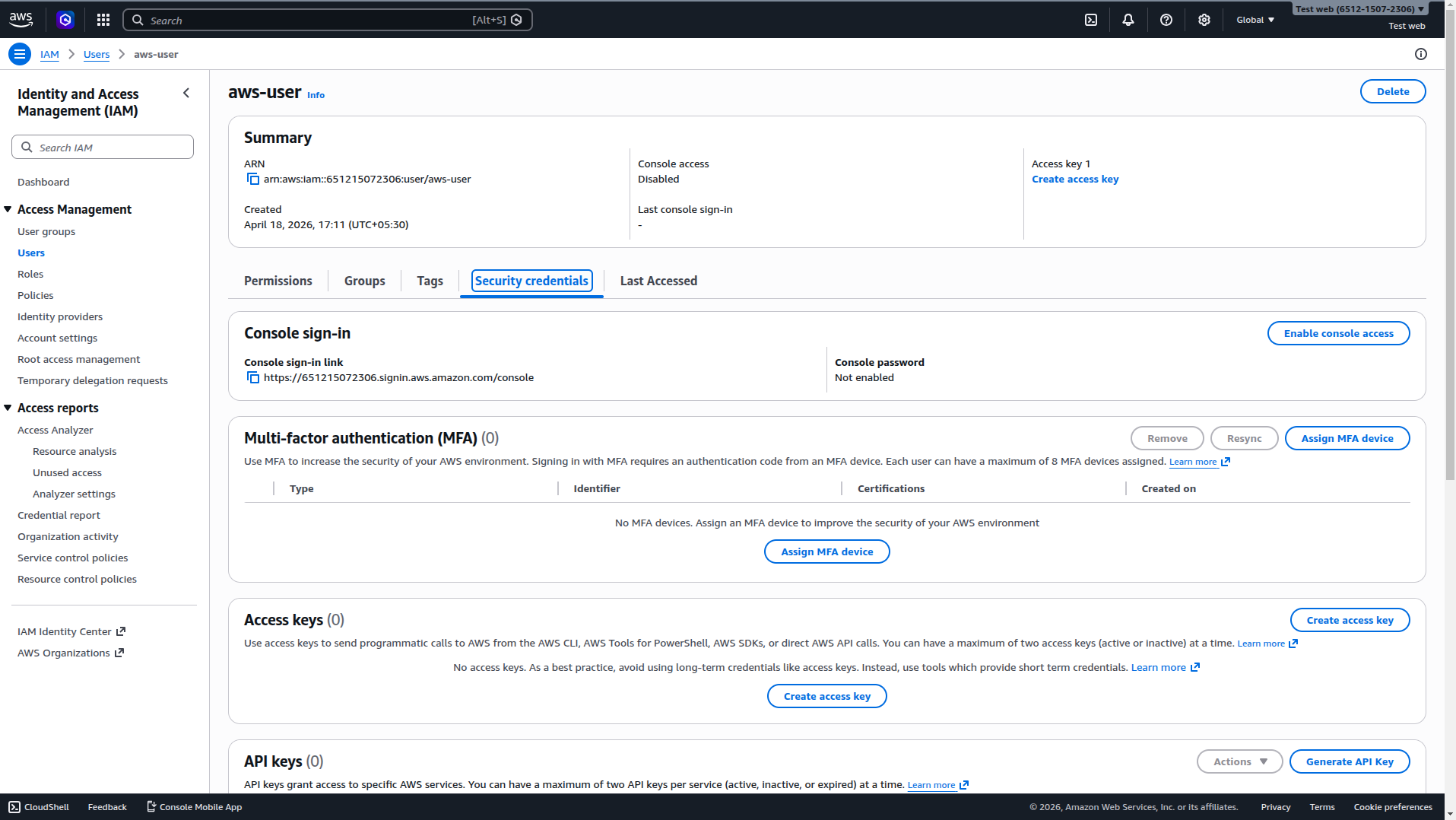 IAM Security Credentials Tab