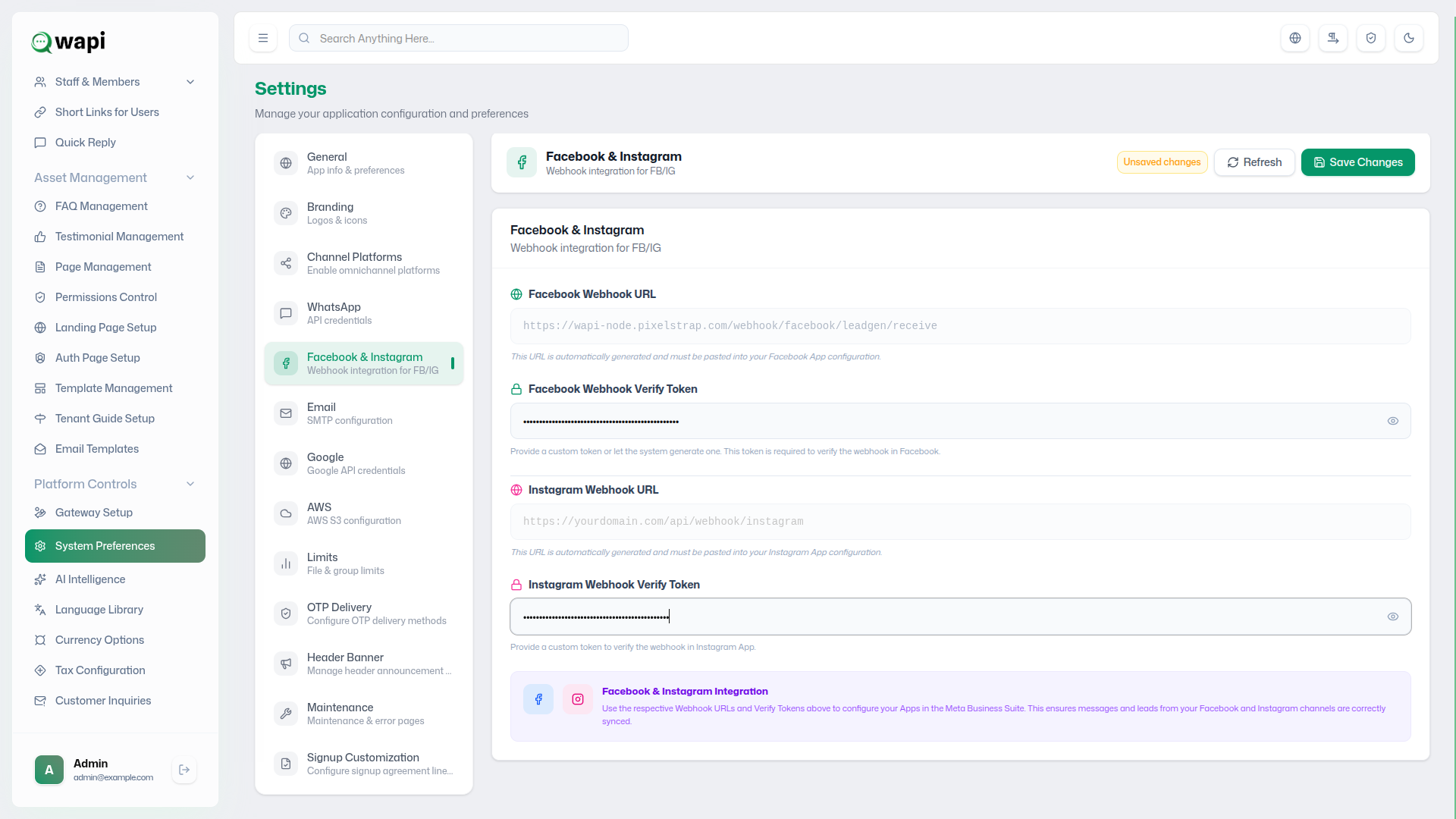 Facebook and Instagram Webhook Settings