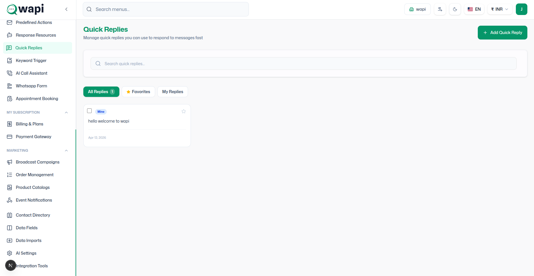 Quick Replies - Wapi documentation